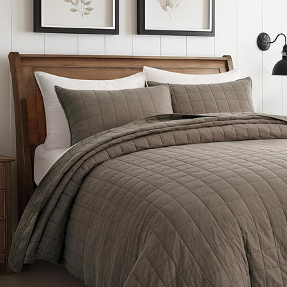 EVERGRACEHOME 100% Cotton Box Stitch Quilt Bedding Set Queen Size 3 Pieces, Garment-Washed Lightweight Soft Cozy Coverlet, Quilted Bedspread Sets with 2 Shams for All Season, Mocha Brown