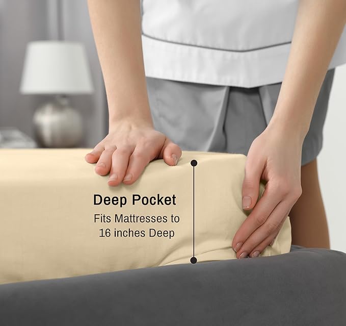 RUVANTI 100% Cotton Sheets – King Size Percale Bedding, Cooling & Breathable, Durable with a Crisp, Soft & Comfortable Feel, 16" Deep Pocket, 4-Piece Set, Beige