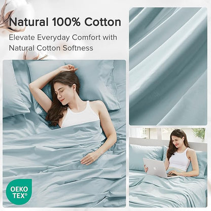 Comfort Spaces 100% Cotton Sheets Twin, Breathable, Soft Cotton Sheets, Naturally Cool Cotton Bed Sheets with 12" Elastic Pocket Fits up to 14" Mattress, All Season Sheet Set, Twin Light Blue 3 Piece