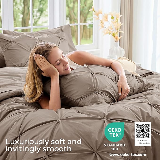 Sasttie Twin Comforter Set, 5-Piece Bed in a Bag, Pintuck Bedding Sets for All Season, Includes Comforter, Flat Sheet, Fitted Sheet, Pillowcase and Pillowsham, Dark Linen