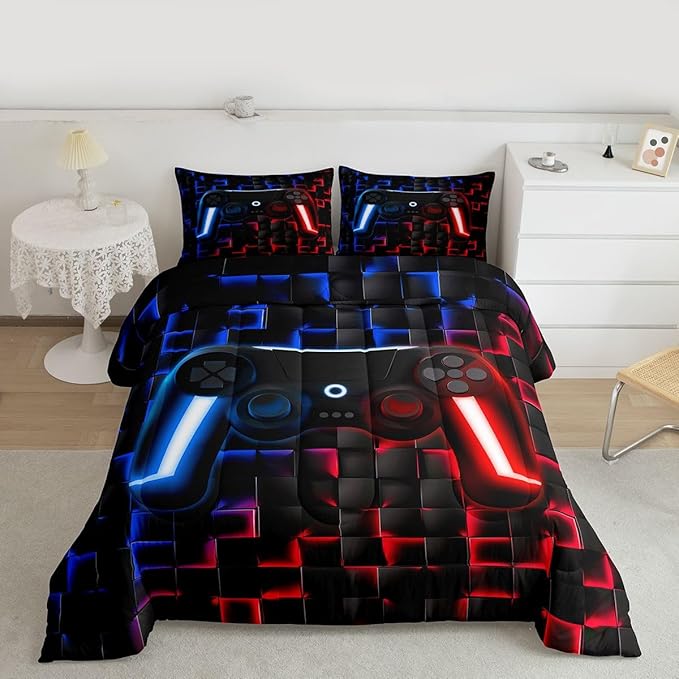 Erosebridal Kids Gaming Comforter Sets Boys Queen Geometric Gamer Comforter Neon Lights Red Indigo Blue Game Console Teen Boy Bedding Set 3D Ombre Checkered Gamepad Decor Quilt Duvet for Game Room
