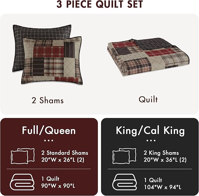 Madison Park Queen Quilt Set Patchwork Farmhouse, Diamond Quilting Reversible Coverlet Set for Queen Size Bed, Plush Cotton Filled Quilt Set Queen Size, Shams Full/Queen Red/Black 3 Piece