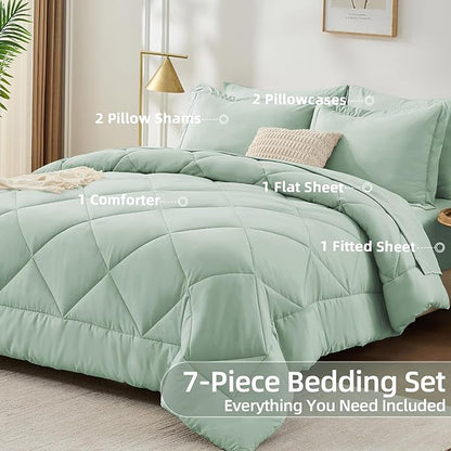 FUANNA 7 Pieces Queen Comforter Set, All Season Bed in a Bag Queen Size, Luxury Soft Bedding Sets with Comforter, Flat Sheet, Fitted Sheet, Pillowcases & Pillow Shams, Sage Green