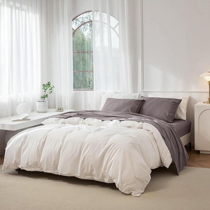 JIYUAN King Size Sheet Set, 4-Piece - 100% Washed Cotton, Linen-Like Soft & Breathable, Includes Deep Pocket Fitted & Flat Sheet with 2 Pillowcases, Hotel Quality, Heathered Mauve Brown