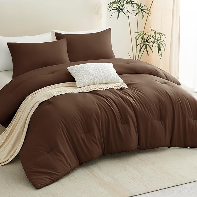 CozyLux King Size Comforter Set Brown, 3 Pieces Solid Comforters King Size Breathable Quilted Bedding Sets, Luxury Soft Lightweight Bed Set with Down Alternative Comforter and 2 Pillowcases All Season