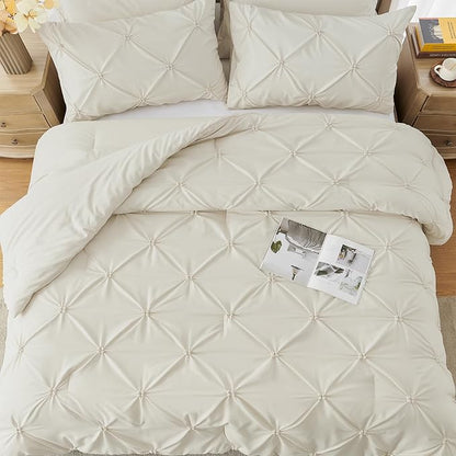 UNIKOME Queen Comforter Set Beige - Ultra Soft Boho Pintuck Cream Down Alternative Bedding Set for All Seasons, 3 Pieces Lightweight Warm Pinch Pleat Bed Set with Comforter, 2 Pillowcases
