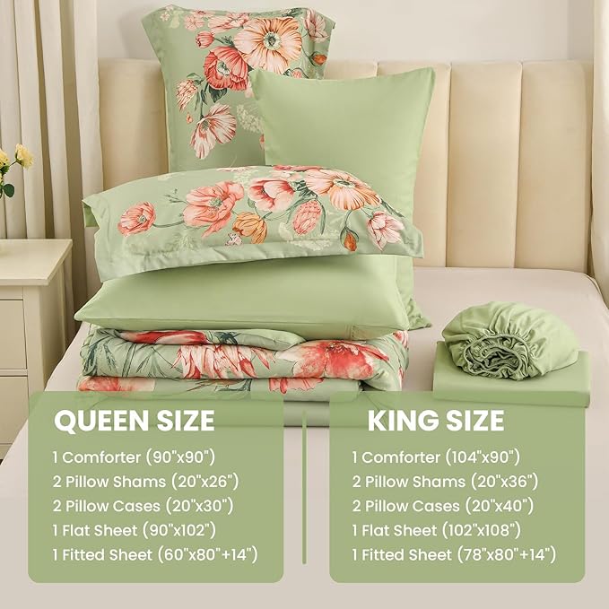 King Size Comforter Set - 7 Pieces Floral Comforter and Sheet Set, Green King Size Bed in a Bag, Soft Microfiber Flower Complete Bedding Set for All Seasons（Green,104"x90"）