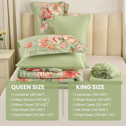 Queen Comforter Set - 7 Pieces Bed in a Bag Green Floral Queen Comforter Set with Sheets, Soft Microfiber Flower Complete Bedding Set for All Seasons（Green,90"x90"）