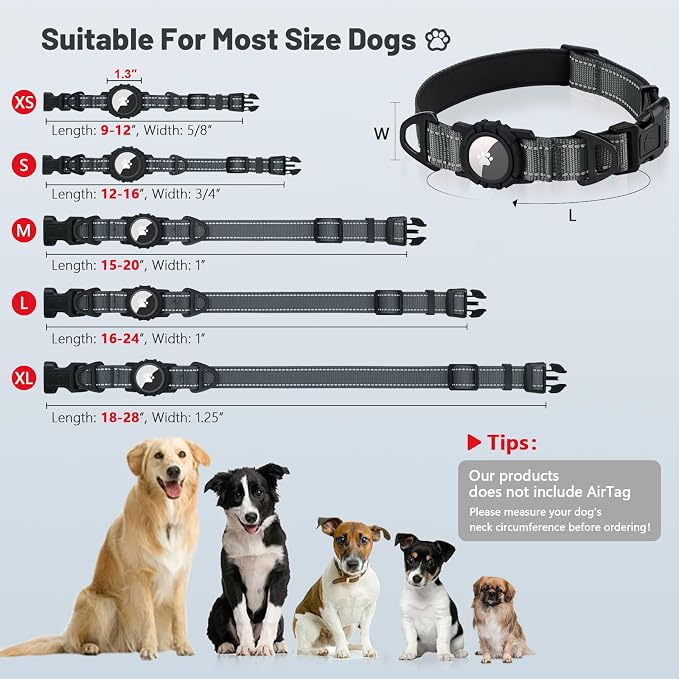 Taglory AirTag Dog Collar with Waterproof Holder for Puppy, Gray, XS | Reflective for Night Walks & Low-Light Safety, Track Your Pup Peace of Mind, Adjustable Soft Padded, No More Dangling Tags