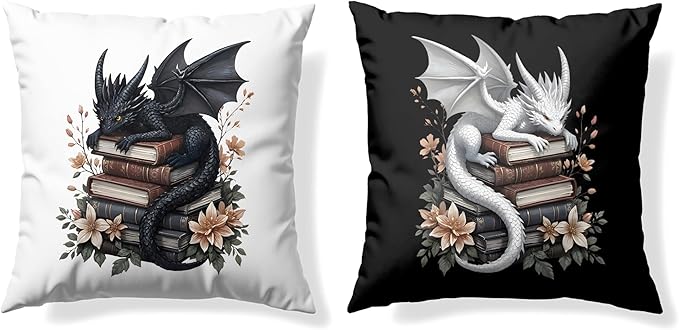 Vintage Magical Black White Dragon Reading Book Decor Throw Pillow Covers 18x18 Set of 2, Fantasy Room Decor for Kids, Gamers, and Bookworms,Reading Nook Decor, Gifts for Bookworm Readers(78)