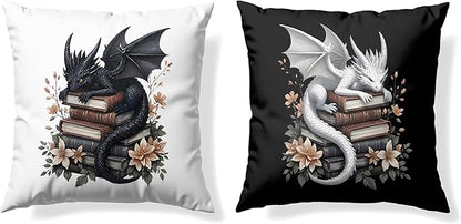 Vintage Magical Black White Dragon Reading Book Decor Throw Pillow Covers 18x18 Set of 2, Fantasy Room Decor for Kids, Gamers, and Bookworms,Reading Nook Decor, Gifts for Bookworm Readers(78)