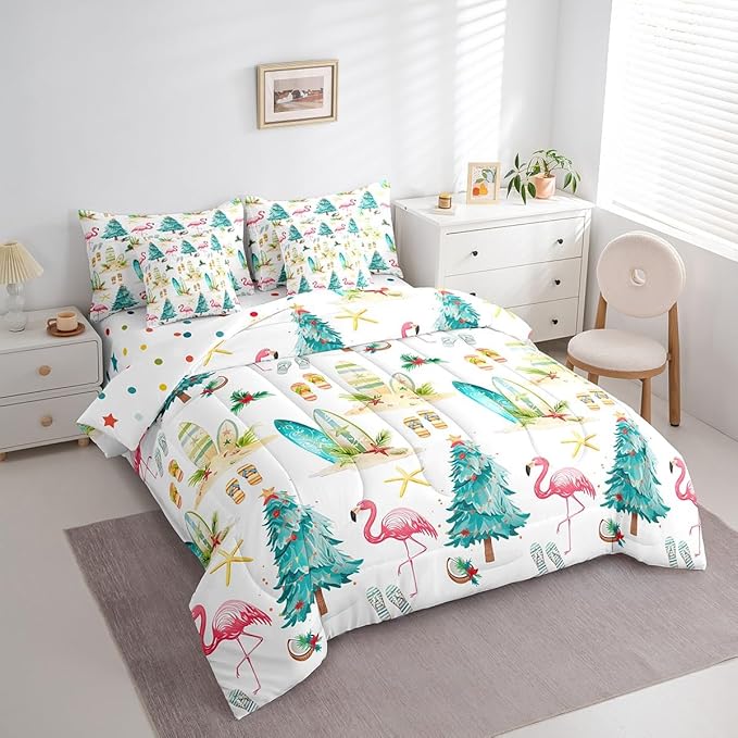 Christmas Tree 7 Pieces Comforter Sets King,Xmas Theme Flamingo Surfboard Bedding Set for Kids Girls Bedroom Decor,Sea Beach Slippers Bed in a Bag with Comforter,Sheets and Pillow Cases
