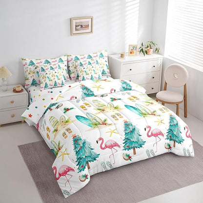 Christmas Tree 7 Pieces Comforter Sets Queen,Xmas Theme Flamingo Surfboard Bedding Set for Kids Girls Bedroom Decor,Sea Beach Slippers Bed in a Bag with Comforter,Sheets and Pillow Cases
