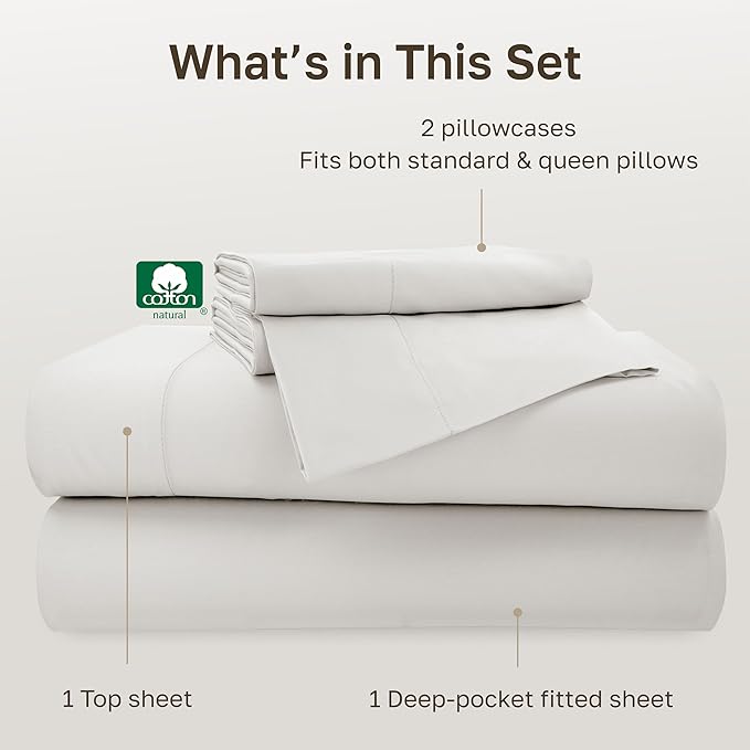 California Design Den 100% Cotton Sheets Full Size Bed Set - 500 Thread Count Sateen, Deep Pocket Full Bed Sheets Set, Soft Luxury - True Ivory