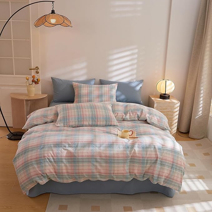 HighBuy Blue Gingham Comforter Set Twin XL Boho Chic Checkered Plaid Printed Bedding Comforter Set 3 Pieces for Teen Girls Modern Grid Comforter Twin XL Fluffy Gingham Bedding Set