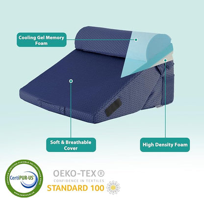 Adjustable 4pcs Bed Wedge Pillow Set, Memory Foam Wedges Pillow Post Surgery for Back, Neck, Leg Pain Relief, Pillows Wedge for Sleeping, Sitting up in Bed, Acid Reflux and GERD, Navy Blue
