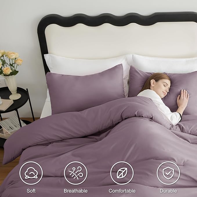 CozyLux Full Size Comforter Set Dusty Purple, 3 Pieces Solid Breathable Bedding Sets, Grayish Purple Luxury Lightweight Soft Bed Set with Down Alternative Comforter and 2 Pillowcases for All Seasons