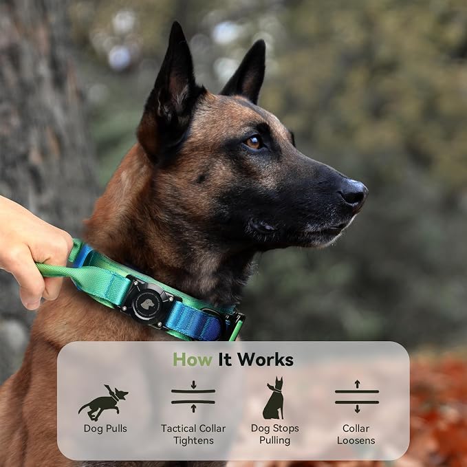 2026 Upgrade Waterproof Tactical AirTag Dog Collar, Built in AirTag Holder | Comfortable Control Handle, Quick Release Metal Buckle, Durable 1000D Nylon, For Medium to Large Dogs, Lime Wave,L