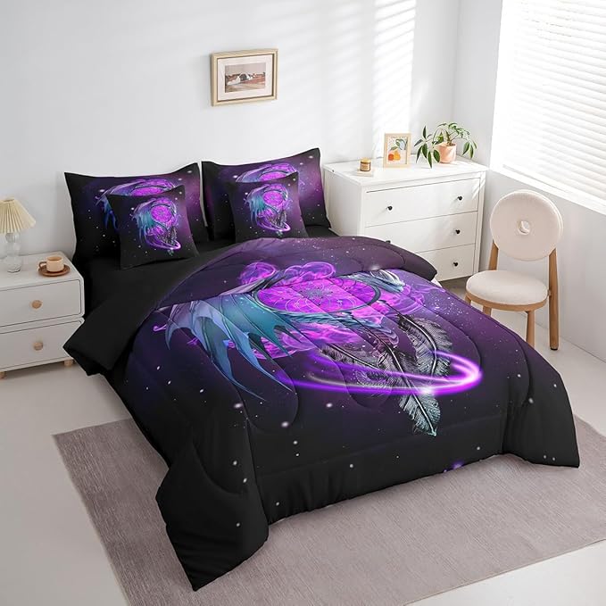 Erosebridal Gothic Dragon Dream Catchers Bed in a Bag Queen Comforter Set 7 Piece,Purple Galaxy Bohemian Feather Bedding Sets Antique Animal Pterosaur Sheet Set with Comforter