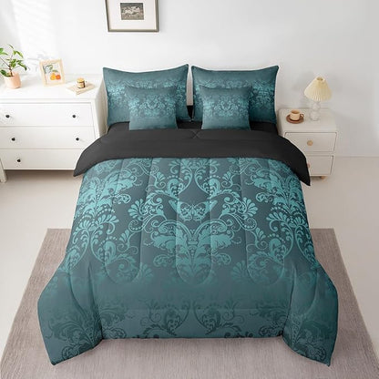 Erosebridal Gothic Damask Comforter Set 7 Piece Bed in a Bag Twin,Butterfly Skull Bedding Sets Turquoise Victorian Floral Goth Sheet Set with Comforter
