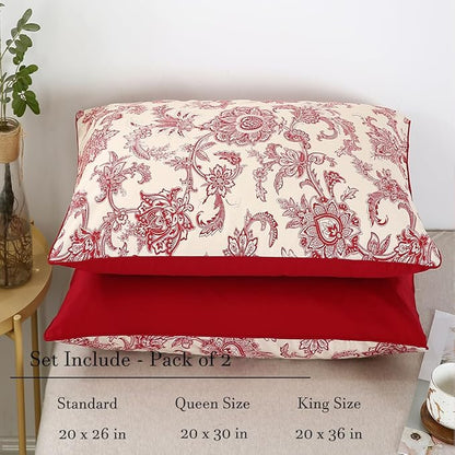 WINLIFE 100% Cotton Pillowcases 2 Pack Paisley Floral Printed Pillow Cases Set of 2 Pillow Cover (Standard 20x26'', Vintage Red)