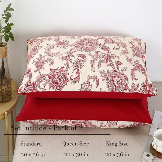 WINLIFE 100% Cotton Pillowcases 2 Pack Paisley Floral Printed Pillow Cases Set of 2 Pillow Cover (Standard 20x26'', Vintage Red)