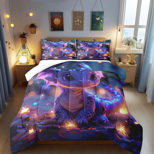 Castle Fairy Cute Dragon Bedding Set Queen Size Mysterious Jungle Comforter for Child Toddler Teens Kawaii Western Dragon Animal Down Comforter Glitter Plant Duvet Insert with 2 Pillowcases