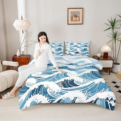 Erosebridal Sea Waves Comforter Set Twin Size Ukiyo-E Bedding Set for Kids Men Women Geometric Japanese Style Navy Blue White Comforter Warm Soft Quilt Insert