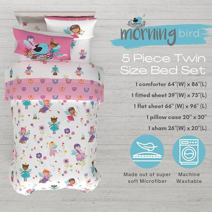 Morning Bird Princess Fairy Kids Bedding Super Soft & Cozy Reversible Microfiber Comforter and Sheet Set with Sham, 5 Piece Twin Size, By Franco