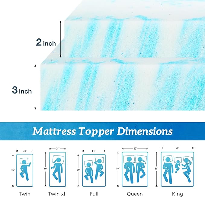 Sweetcrispy Mattress Topper Twin XL, 3 Inch Thick Memory Foam Gel Infused Cooling Toppers Pad for Twin XL Size Bed, Sleeper Sofa, RV, Camper, CertiPUR US Certified, Ventilated and Breathable