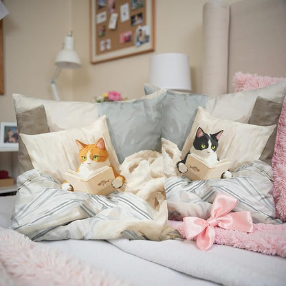 Funny Cat Reader Book Throw Pillow Cover 18 x 18 Set of 2, Gifts for Book Lovers, Reading Nook Corner Decor, Preppy Floral Black Orange Tabby Tuxedo Cats Bookish Pillowcase（02）