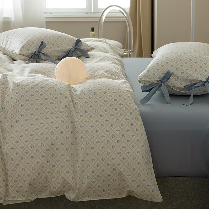 VM VOUGEMARKET Blue Flower Duvet Cover Queen with Plaid Grid Prints,100% Cotton Bedding Set,Aesthetic Comforter Cover for Girls Women 90x90 Inch
