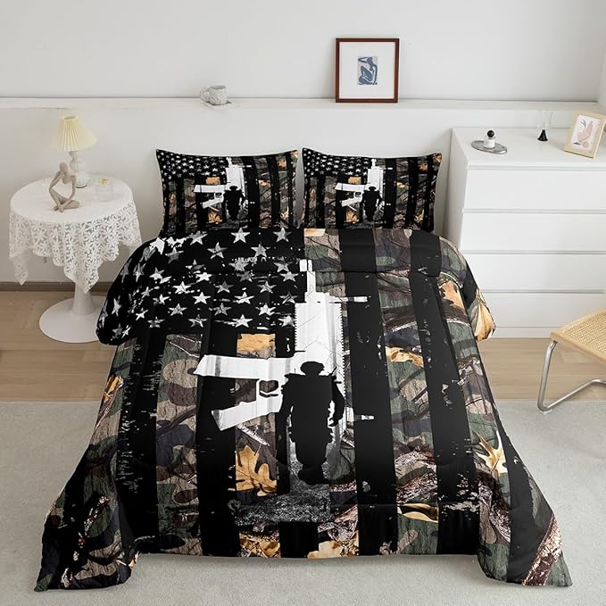 Castle Fairy American Flag Camo Comforter Set Queen Size,Hunting Bedding Set Rustic Trees Leaves Camouflage Comforter for Boys Teens Kids Man Bedroom Nature Conifer Oak Branches Bedding Quilt Set