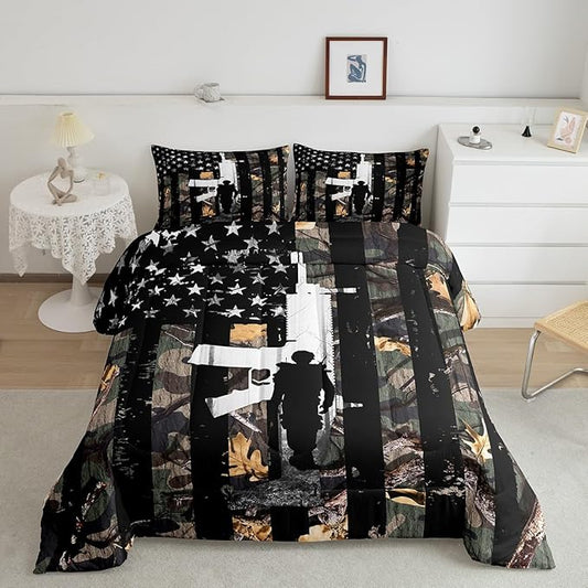 Castle Fairy American Flag Comforter Set King,Camouflage Camo Kids Boys Men Bedding Decor,Vintage Stripes Comforter with 2 Pillowcases,Green Leaves Quilt Set 3 Pcs,Shooting Theme Game Room Decor