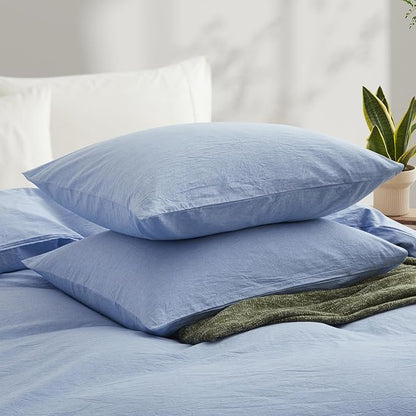 LOVQUE Light Blue Cotton Duvet Cover Queen Size, Linen Like Natural Bedding Set with Zipper Closure (No Comforter), 90x90 Inches