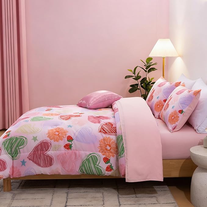 A Nice Night 6 Piece Comforter Set Bed in a Bag with Comforter & Sheet Set,Watercolor Pink Bow Hearts Flower Strawberries Printed Bedding Sets Kids Girls,Twin