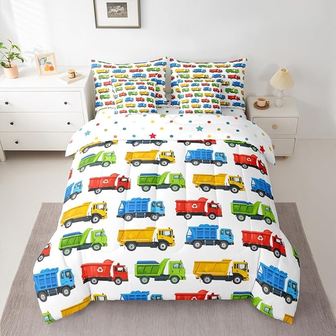 7 Pcs Colorful Garbage Truck Bedding Sets with Comforter,Flat & Fitted Sheet,Pillowcases,Pillow Covers Trash Trucks Decorative Comforter Set Cartoon Car Recycling Truck Bedroom Dorm Bed Set,King