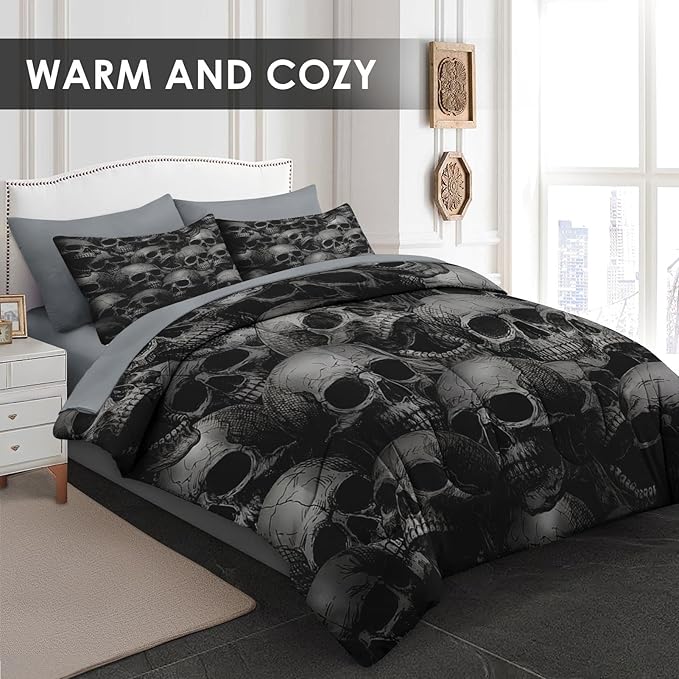 Comforter Set Queen Size, Skeleton Retro 7 Pcs Bedding for Adults, Spooky Horror Gothic Bed Sheet Sets with Fitted Sheet 2 Pillowcases & 2 Shams for Bedroom Bed Decor