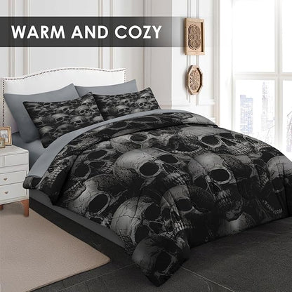 Comforter Set Queen Size, Skeleton Retro 7 Pcs Bedding for Adults, Spooky Horror Gothic Bed Sheet Sets with Fitted Sheet 2 Pillowcases & 2 Shams for Bedroom Bed Decor