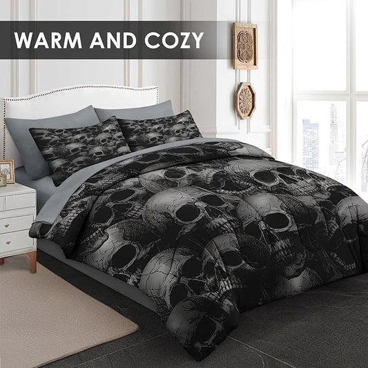 Comforter Set King Size, Skeleton Retro 7 Pcs Bedding for Adults, Spooky Horror Gothic Bed Sheet Sets with Fitted Sheet 2 Pillowcases & 2 Shams for Bedroom Bed Decor