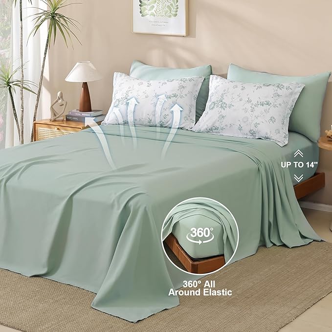 Luxudecor Floral Queen Comforter Set 7 Pieces Bed in a Bag, Green Rose Romantic Flower Bed Set, Soft Reversible Comforter with Sheet Set 90"x90"