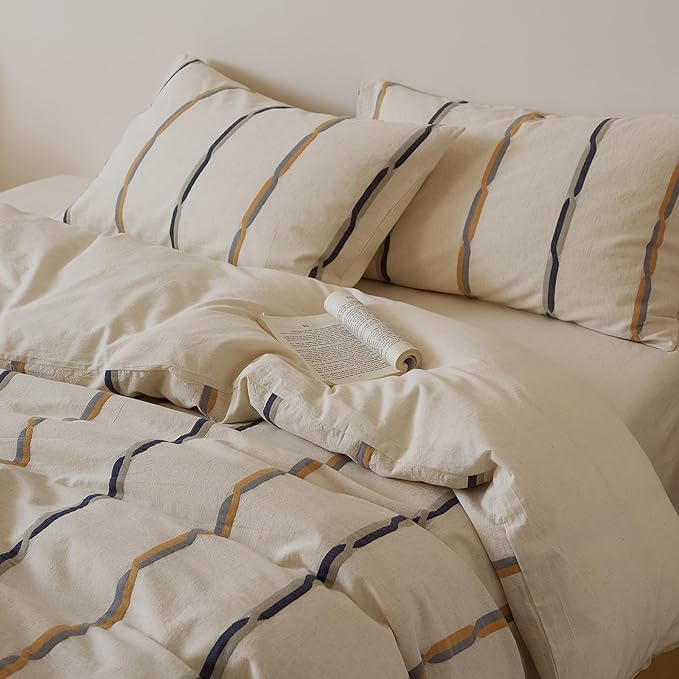 VM VOUGEMARKET Black Orange Striped Duvet Cover Set Yarn-Dyed Cotton Linen Like Textured Bedding Set Jacquard Stripes Duvet Cover with 2 Pillowcase-Queen,90"x90"