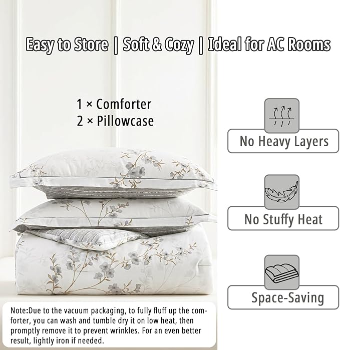 Vintage Botanical White Cotton Comforter King Size - Elegant Gray Flowers and Taupe Branches on White, Light Gray Striped Back, 3PC Lightweight Bedding Set with Ultra-Soft Alternative Fill