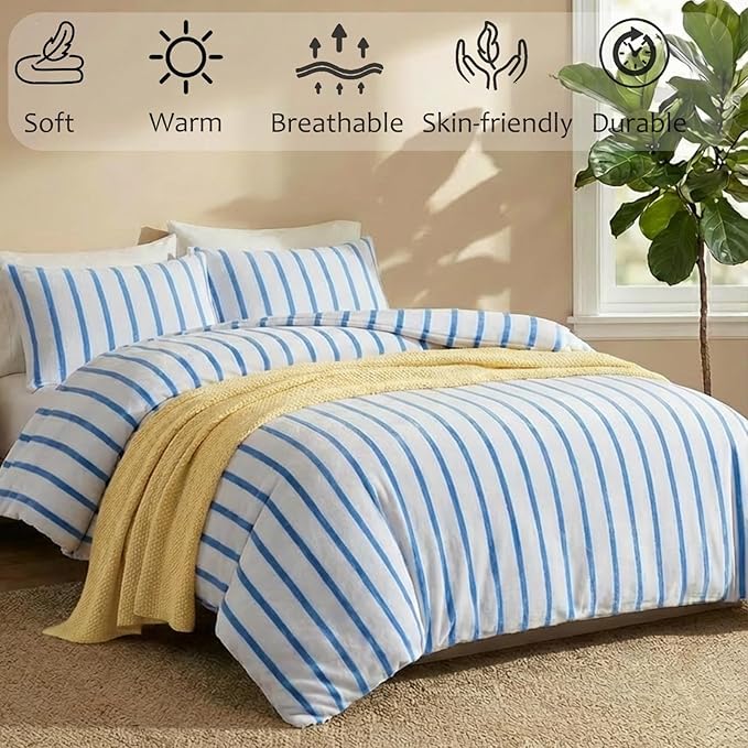 Bedbay Blue Striped Comforter Set King Size Microplush Fleece Bedding Set Ultra Soft & Warm Flannel Velvet Comforter Set 3 Pcs Blue White Stripes Pattern King Bed Set for All Seasons
