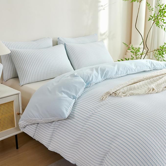 Comforter King Set Light Blue Striped Soft Luxury Washed Microfiber Jacquard 3 Pieces Bedding, Light Blue Vertical Ticking Stripes Pattern Comforter with 2 Pillowcases Breathable Durable Comfy