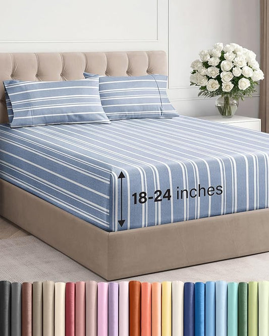 Extra Deep Twin Sheet Set - 4 Piece Breathable and Cooling Sheets - Hotel Luxury Bedding for Women, Men, Kids & Teens - Easy & Secure Fit - Soft and Wrinkle Free - Extra Deep Pockets - Blue Stripes