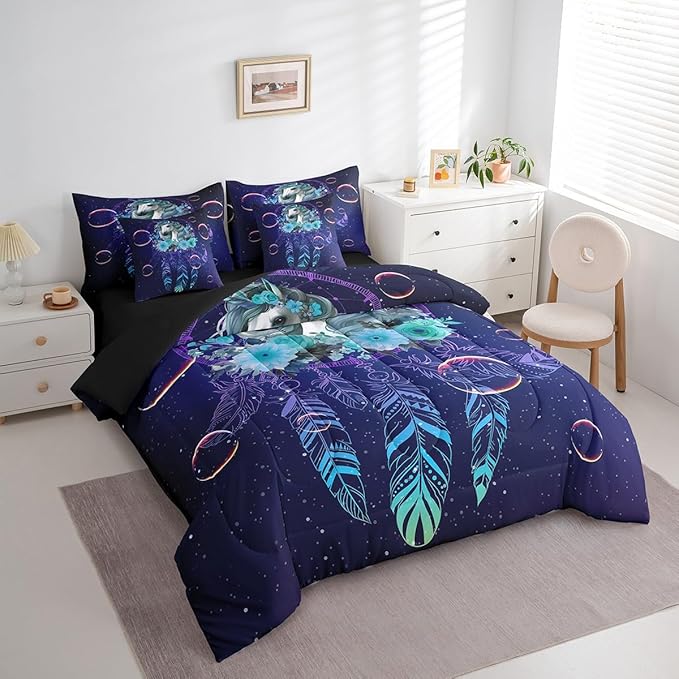 Unicorn Bed in a Bag King Size Comforter Set 7 Pieces,Dream Catchers Feather Bedding Sets Dreamy Horse Animal Sheet Set with Comforter