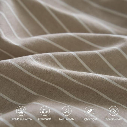 MooMee Bedding Pillowcases Striped Pack of 2 100% Washed Cotton Linen Like Textured Breathable Durable Soft Comfy (Tannish Linen Grey White Wide Stripes, King)