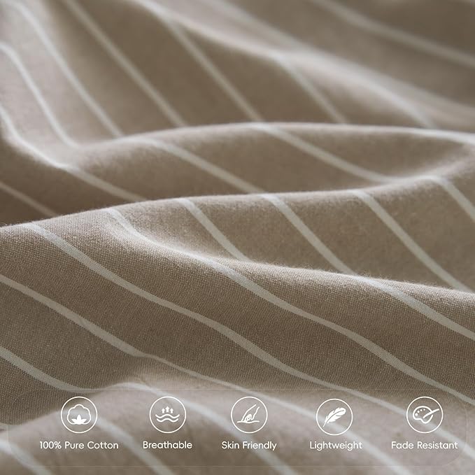 MooMee Bedding Pillowcases Striped Pack of 2 100% Washed Cotton Linen Like Textured Breathable Durable Soft Comfy (Tannish Linen Grey White Wide Stripes, Queen)