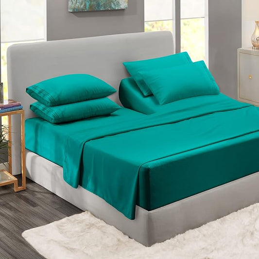 Clara Clark Flex Top King Sheets, 6 Piece Set - Hotel Luxury Sheets for Top Split King Bed, Super Soft Bedding Set, Head Split King Teal